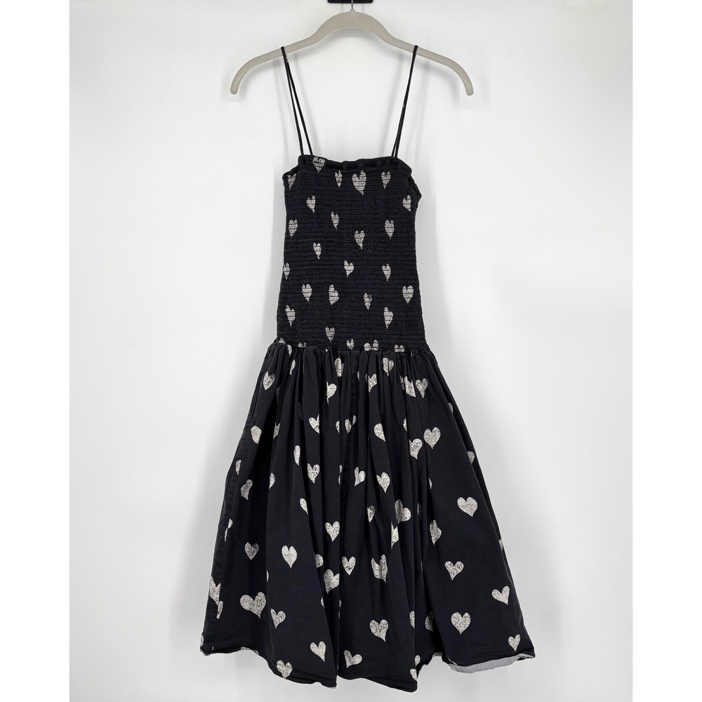 Autumn Adeigbo Winnie Dress Sz 0 Black White Heart Print Smocked‎ Midi Feminine - Picture 3 of 15